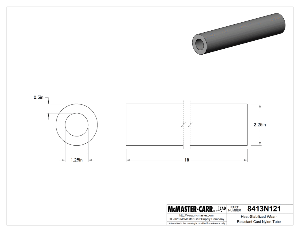 Technical Drawing of Heat-Stabilized Wear-Resistant Cast Nylon Tube, Easy-to-Machine, 1/2" Wall Thickness, 2-1/4" OD, 1 Foot Long.
